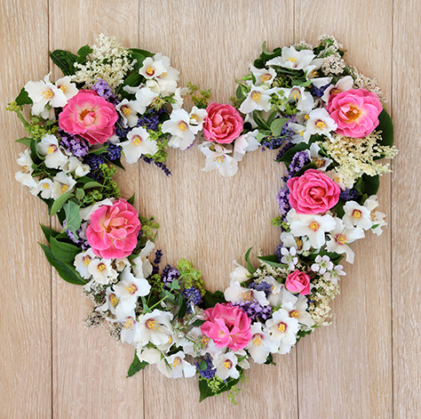 Pink and White Flowers on a heart shaped wreath